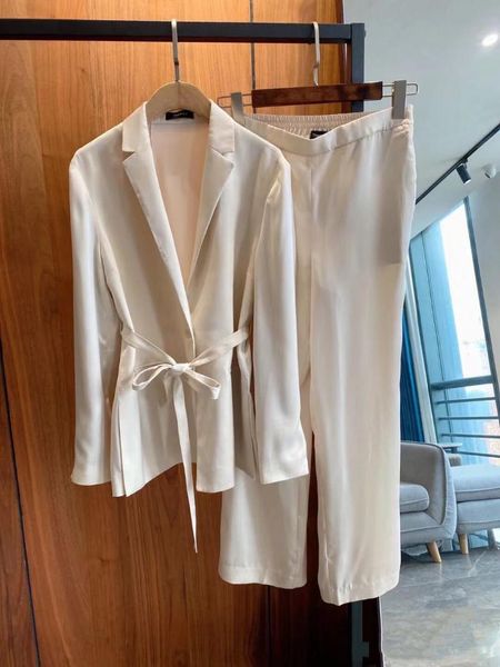 

women's two piece pants women suits 2021 fall long sleeve lapel belt suit wide leg fashion jacket +, White