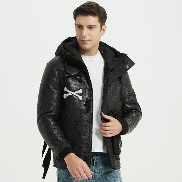 

men's leather & faux sheepskin fur mens winter coat black motorcycle riding jacket skull decoration trendy men jackets 6xl