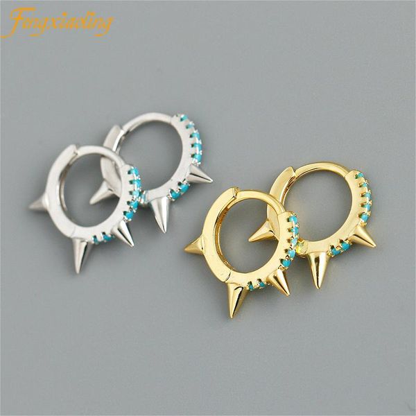 

hoop & huggie real 100% 925 sterling silver micro-inlaid zircon circle earrings for women punk style rivets jewelry gifts, Golden;silver