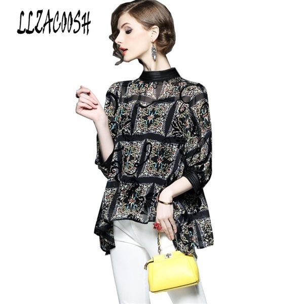 

two pieces fashion women summer stand collar floral print black chiffon blouse loose plus size women shirt 210514, White