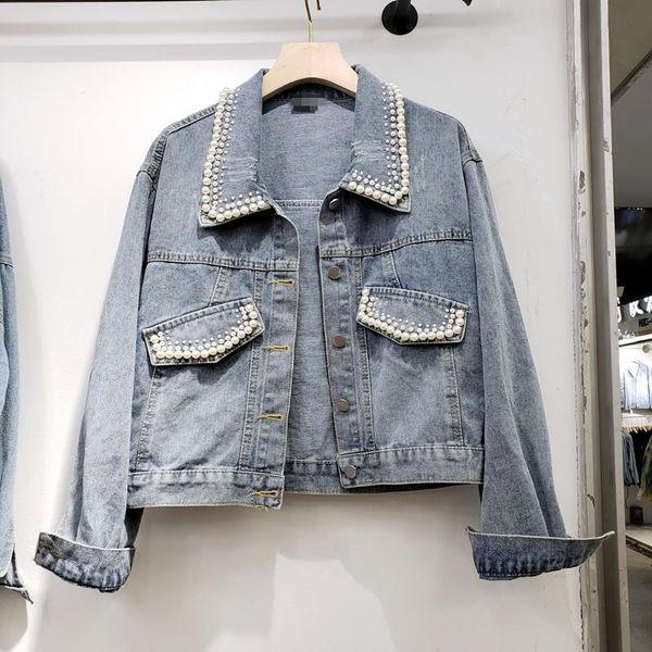 

women's jackets street jeans jacket autumn clothing 2021 loose-fitting denim clothes nail pearl korean jean outwear femme, Black;brown