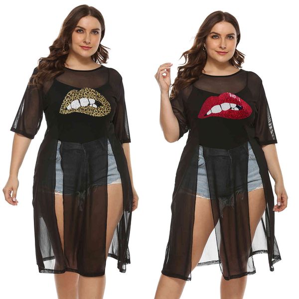 

women's plus size large lips stiers perspective mesh skirt split irregular long blouse women