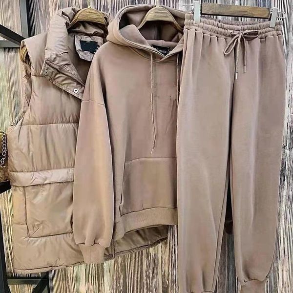 

women's two piece pants cotton three-piece suit 2021 winter solid color fashion hooded sweater trousers + small vest, White