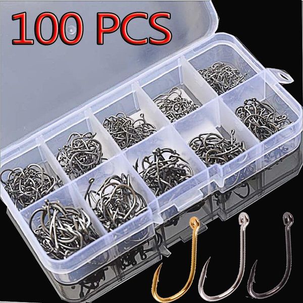 Ganchos de pesca 100pcs #3- #12 Definir aço carbono Círculo único Fishhook Jip Carp Acessórios de tackle de carp de carp