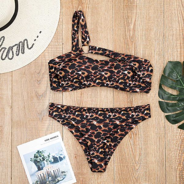 Sexy Um ombro Bikini 2019 Leopardo Swimsuit Vermelho Swimwear Mulheres Empurre os Biquínis Set Brazilian Beach Wear Nadar para o maiô Y0820