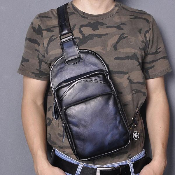 

le'aokuu men crazy horse leather casual vintage fashion blue chest sling bag design one shoulder crossbody for male 9977 waist bags