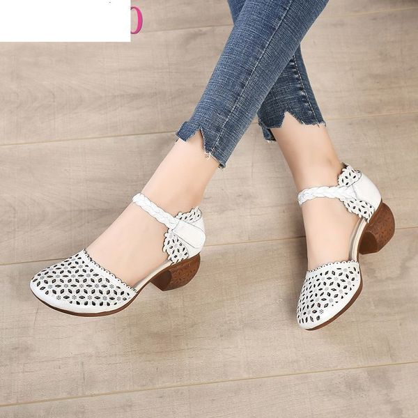 

sandals genuine leather women summer shoes 5cm high heels retro 2021 hollow out ia0s, Black