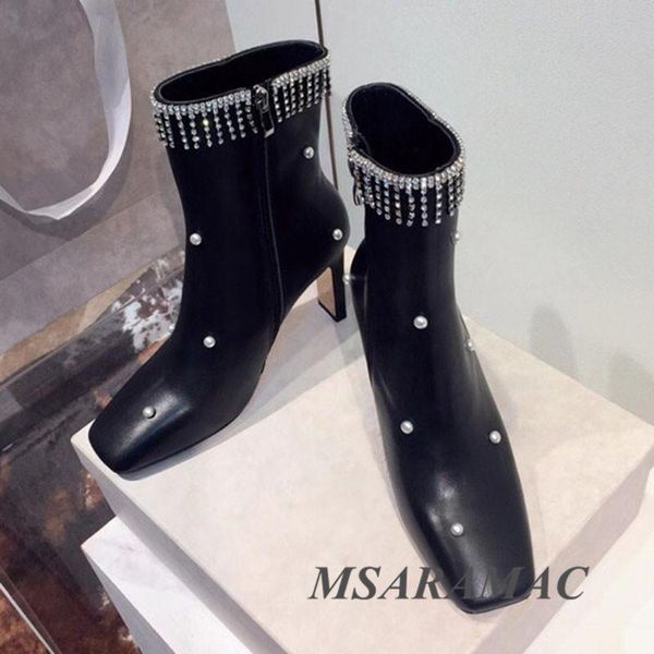 

boots fashion pearl crystal chain tassel short suede square toe high heel ankle elegant street ladies party shoes, Black