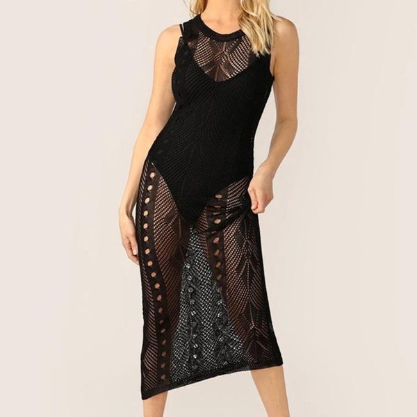 

long swimsuit cover-ups women round neck sleeveless knit crochet lace hollow bikini cover up beach dress summer swim women's swimwear, White;black