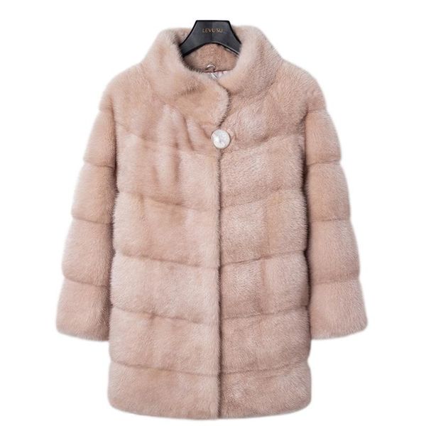 

women's fur & faux 2021 whole mink leather coat mid-length slim stand-up collar temperament commuter ladies three-quarter sleeve jacket, Black