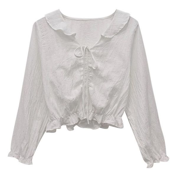 

wholesale autumn and comfortable cotton fabric,not easy to long-sleeved elegant chiffon blouse shirt women's blouses & shirts, White