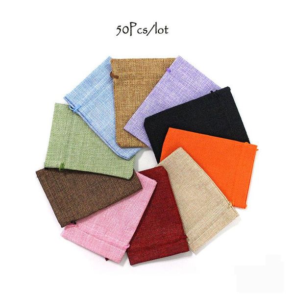 

gift wrap 50pcs/lot fashion drawstring burlap bag jute bags with jewelry packaging wedding candy can custom logo