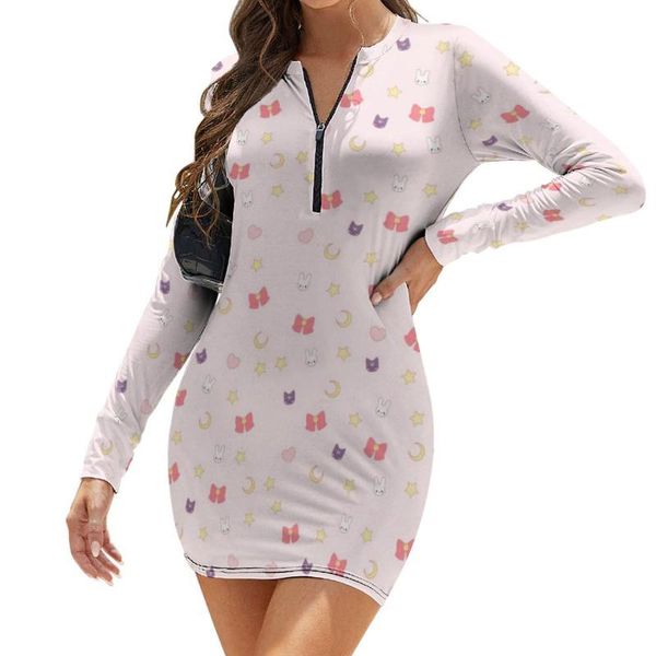 

casual dresses kitty dress long sleeve social curvy bodycon cute female spandex longsleeve one-piece, Black;gray