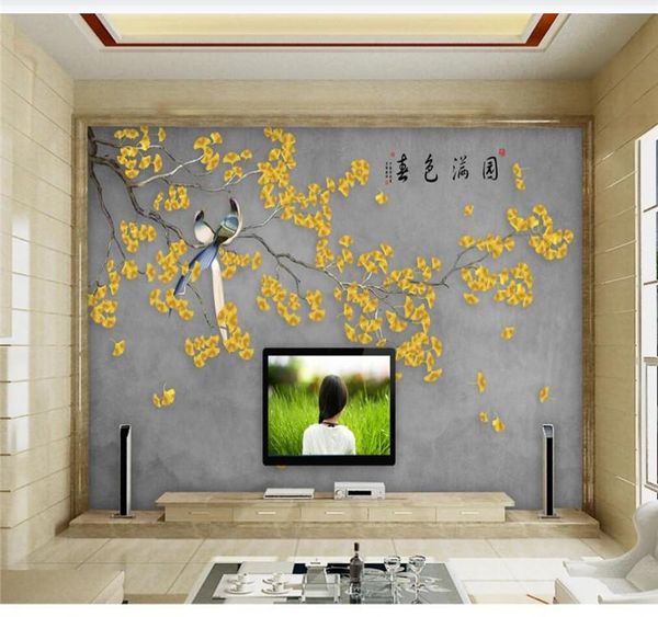 

custom mural wallpaper home decoration chinese style hand-painted flowers and birds ginkgo background wall wallpapers