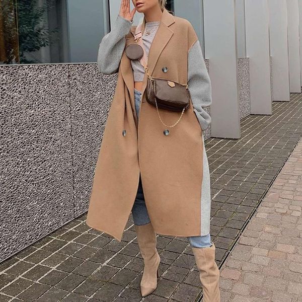 

women's trench coats fashion casual straight lapel contrast color temperament coat woolen camel, Tan;black