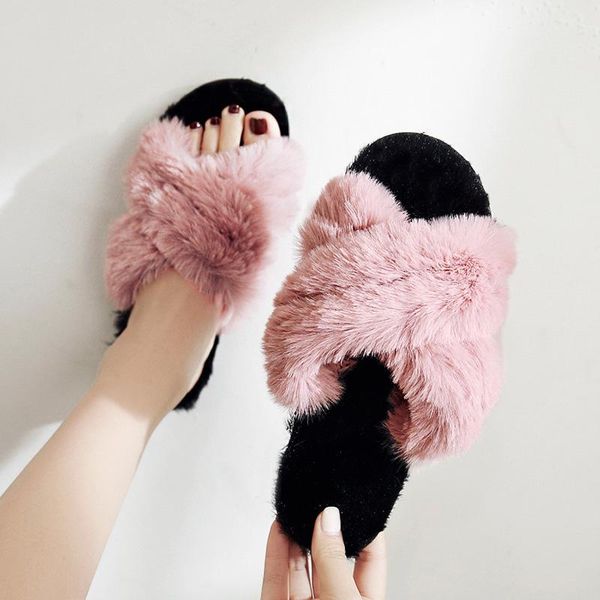 

slippers women autumn warm shoes women's flat faux fur indoor ladies furry plush slipper woman open toe female fashion shoe, Black