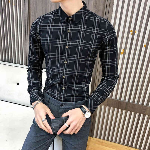 

plaid british style vintage mens clothing stylish fashion shirts slim fit check black shirt workwear, White;black