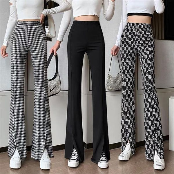 

high waist slit flared womens capris slimming plaid casual wide leg mop trousers fashion, Black;white