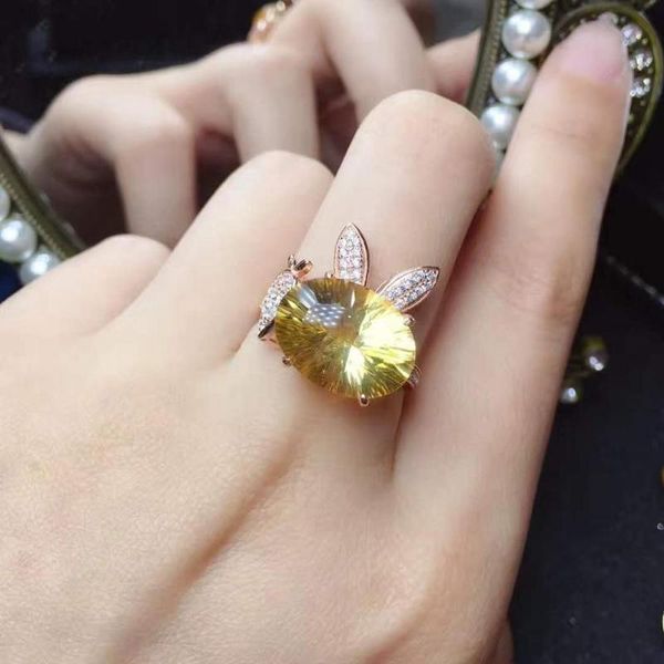 

cluster rings natural and real yellow citrine brilliant engagement for women fashion jewelry 925 sterling silver, Golden;silver