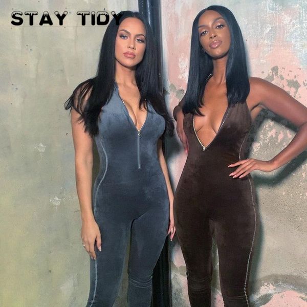 

women's jumpsuits & rompers stay tidy velvet off shoulder halter maxi women side striped line zipper split bodycon party streetwear ela, Black;white