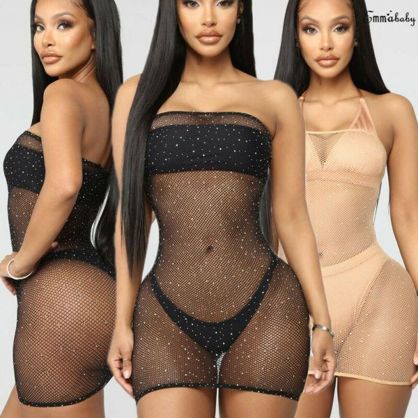 

women harajuku bronz bandeau fishnet mesh sheer bikini cover up bathing summer beach dress suit see through swimsuit women's swimwear, White;black