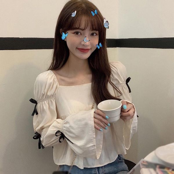 

women's sweaters women sweet bowknot loose flared sleeve blouse autumn square collar temperament long-sleeved top, White;black