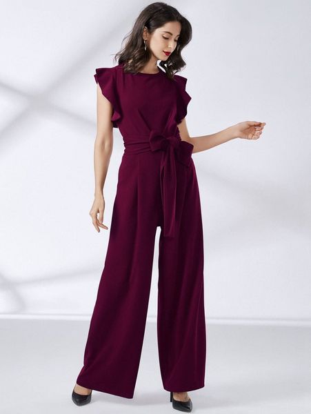 

miusol ruffle trim belted wide leg jumpsuit g6d9#, White