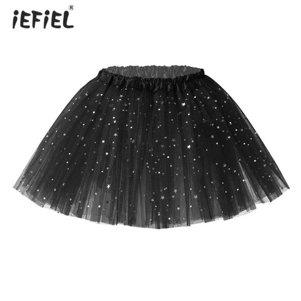 

kids girls sparkle stars sequins ruffled layered sheer tulle tutu skirt above knee princess ballet dance party performance skirts, Blue