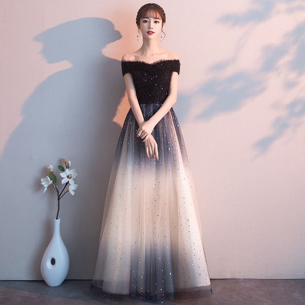 

bridesmaid dresses party annual meeting evening women 2021 banquet long sequin gauze fairy host temperament celebrity bla, White;black