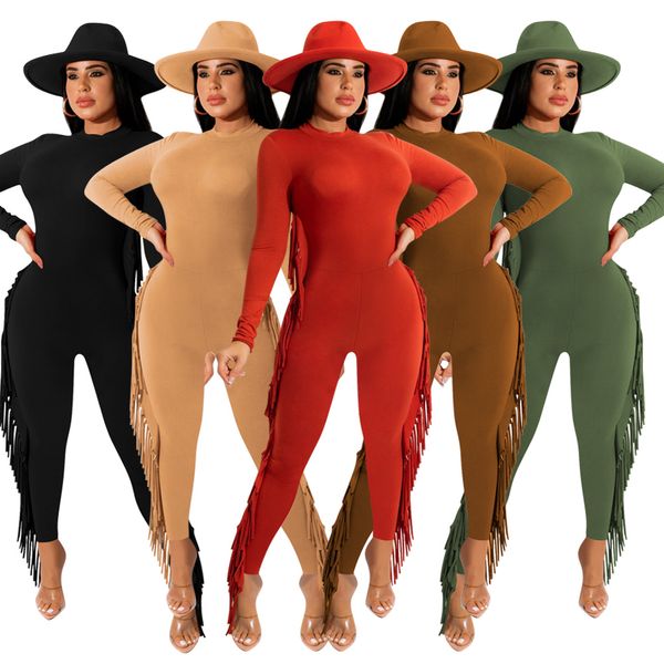 Mulheres Fringe Calças Tassel Jumpsuits 2022 Alta Qualidade Cor Sólida Cor Sólida Manga Longa Macacão Playsuit Bodysuit para Mulher Gym Workout Jogadores Yoga