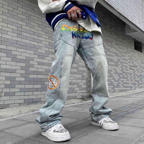 

men's pants jeans embroidered from the rainbow alphabet, hip-hop, men, vestments, casual pants, retro, straight t4im, Black