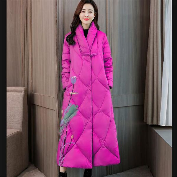 

chinese wind women winter stand collar print long cotton warm parka thick coat female large size casual jacket, Black