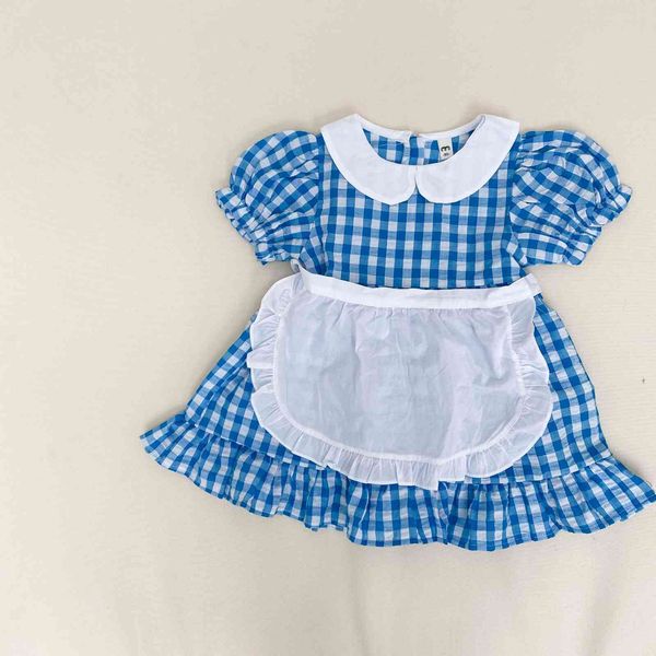 Le neonate di nuovo stile di estate vestono il vestito sveglio del plaid dell'increspatura con il vestito bianco del bavaglino per i vestiti dei capretti del bambino del cotone delle ragazze 210413