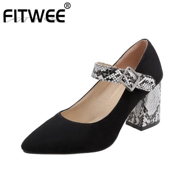 

dress shoes fitwee plus size 32-43 women pumps fashion serpentine print thick heels modern metal buckle casual footwear, Black