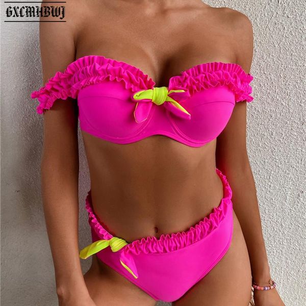 

women's swimwear gxcmhbwj solid color bow ruffled women summer beachwear high waist bikini set female bathing suit brazil beach swimsui, White;black
