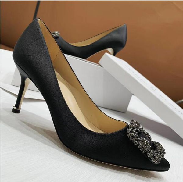

dress shoes 2021 women wedding classics brand high heel pumps square buckle rhinestone silk 10cm thin pointed toe 35-42, Black