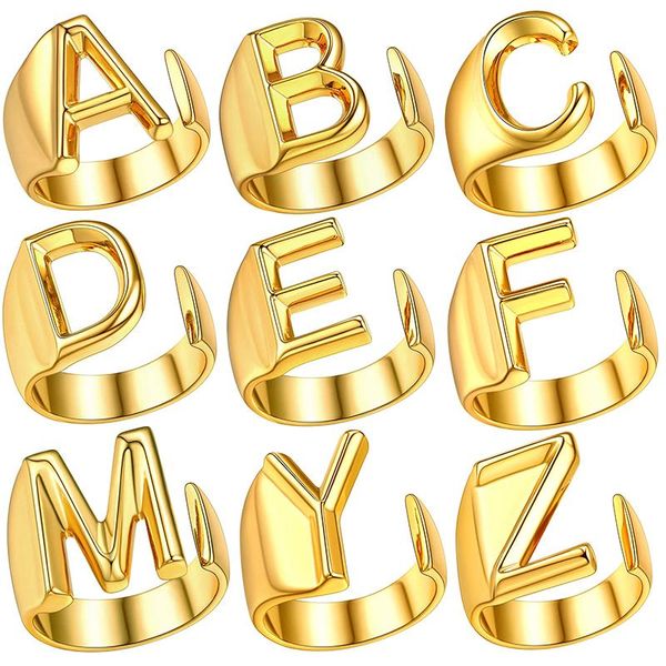 

wedding rings hollow a-z letter gold color metal adjustable opening ring initials name alphabet female party chunky wide trendy jewelry gift, Slivery;golden