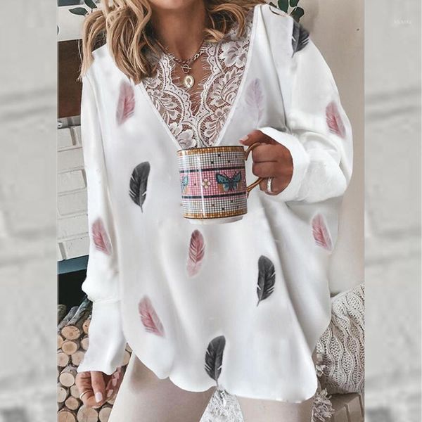 

women's blouses & shirts women fashion letter print blouse spring v neck loose patchwork lace shirt lady autumn long sleeve pullov, White