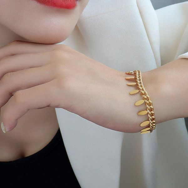 

link, chain fashion tassels leaf charm bracelet simple gold color stainless steel link cuban women girl gift party 2021, Black