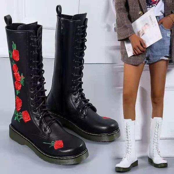 

boots beige mid calf embroidered embroidery big size brand women winter genuine leather shoes flower handmade flat high heel, Black