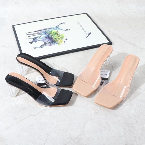 

sandals fashion summer pvc crystal open toed high heels women transparent heel luxury slingbacks party slippers pumps, Black