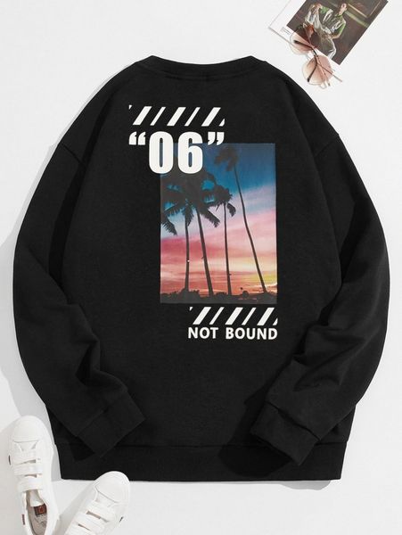 

men letter & picture print pullover i2ey#, Black