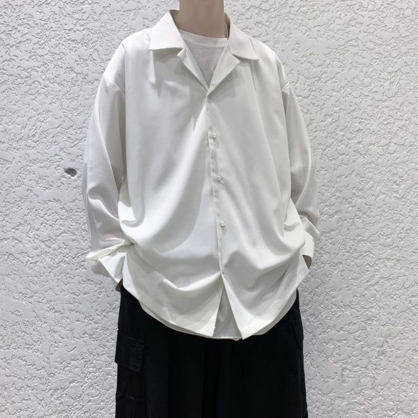 

men's casual shirts long sleeve loose lapel collar suit camisa masculina streetwear mens fashion -2xl i7f7, White;black