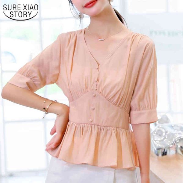 Rosa Süße Kurzarm Schlank Top Frauen Blusas Sommer V-ausschnitt Rüschen Elastische Taille Chiffon Bluse Frau 9708 210508