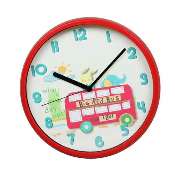

bus tour wall decorative clock cartoon round art decor for home office kids room without battery (red) clocks