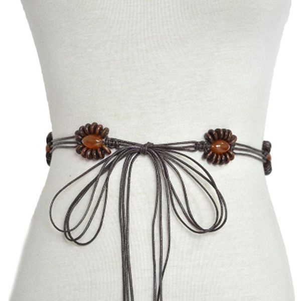 Belts Cinturão feminina Estilo étnico Slim trançado a moda decorativa, vestido auto-amarração da cintura com contas marrons para meninas