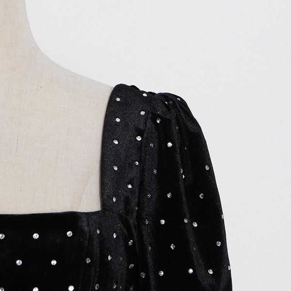 

casual dresses high street fashion spring 2021 runway dress women's square collar long sleeve solid color diamond short, Black;gray