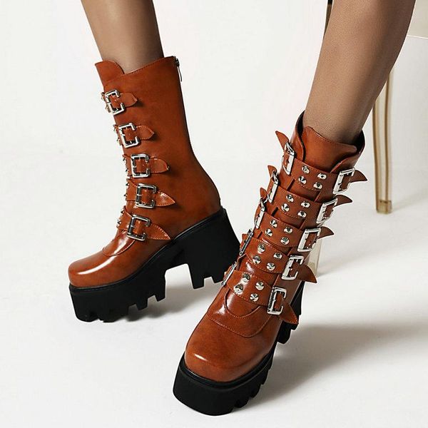 

boots 2021 winter square high heel women motorcycle fashion buckle zipper ankle black brown yellow women's shoes