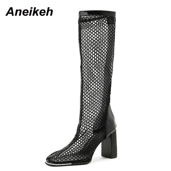 

boots aneikeh 2021 summer fashion sandals women's shoes rome solid mesh knee-high square toe thick heel modern party zipper, Black