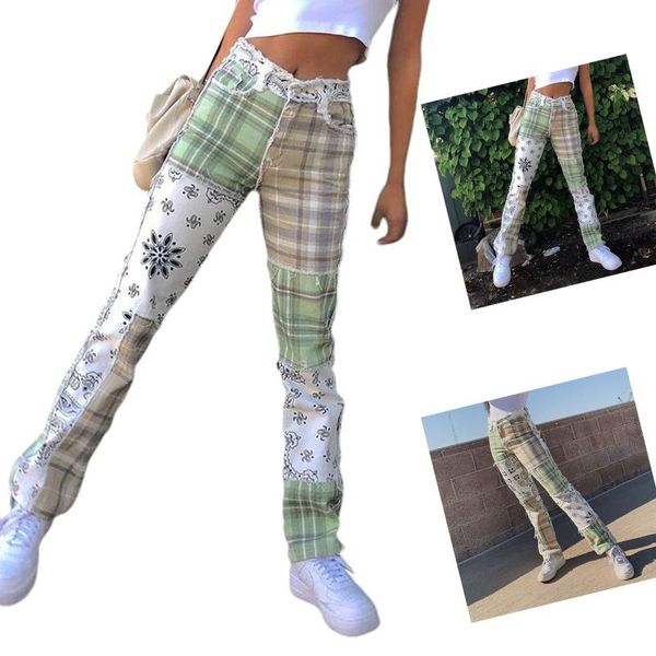 

women's pants & capris 2021 fashion women ethnic flower printed long denim casual buttons lace plaid high waist jeans spring trousers b, Black;white